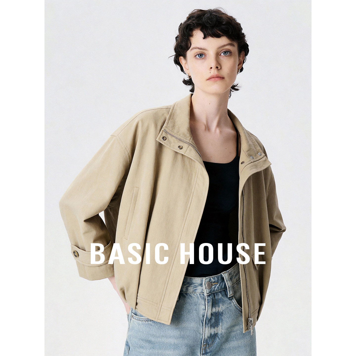 Basic House/百家好卡其色短款风衣外套女26春季休闲百搭显瘦上衣