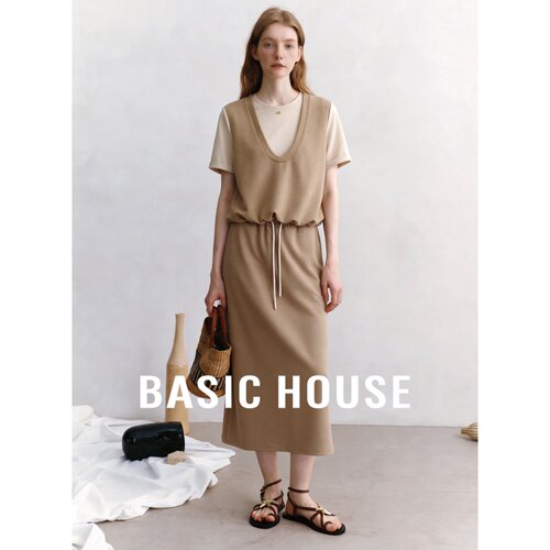 Basic House/百家好简约风撞色假短袖上衣抽绳半身裙两件套套装女