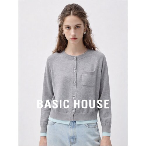 Basic House/百家好韩系学院风假两件针织衫女撞色拼接纽扣上衣