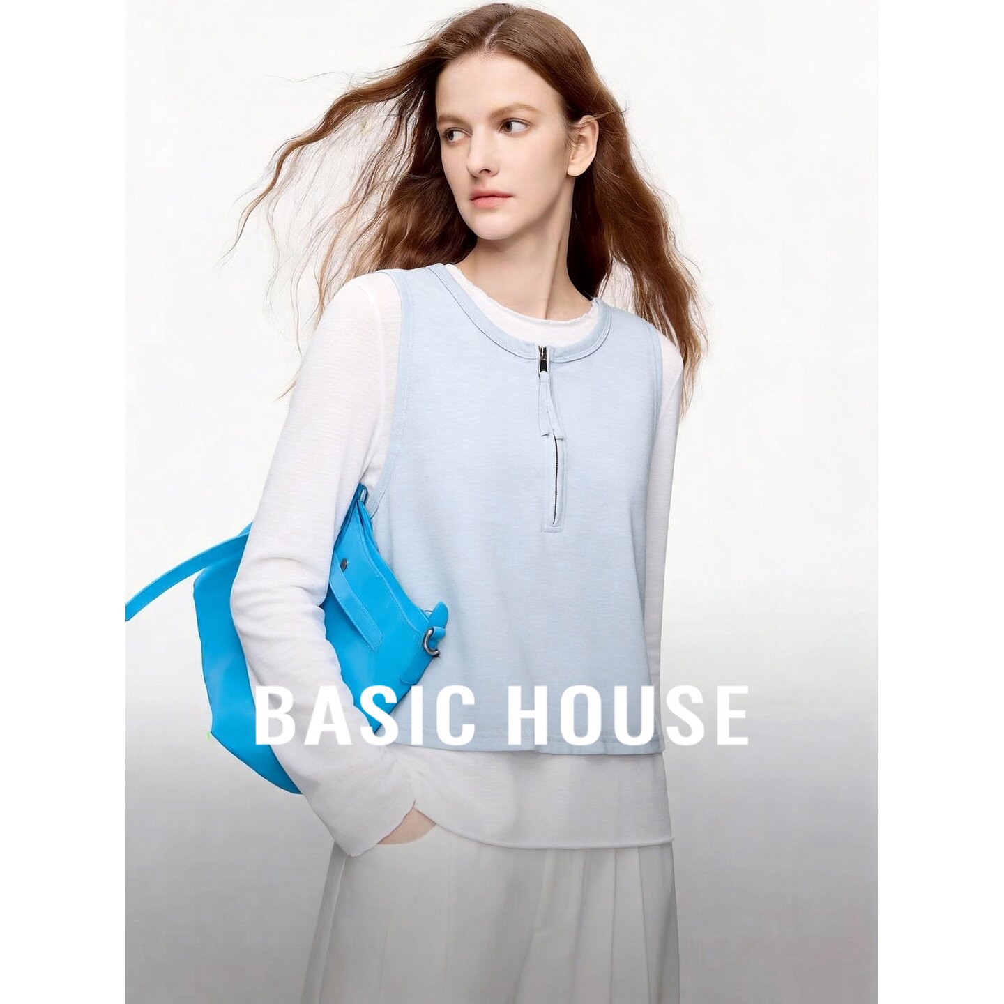 Basic House/百家好浅蓝色假两件长袖T恤女拉链宽松显瘦百搭上衣