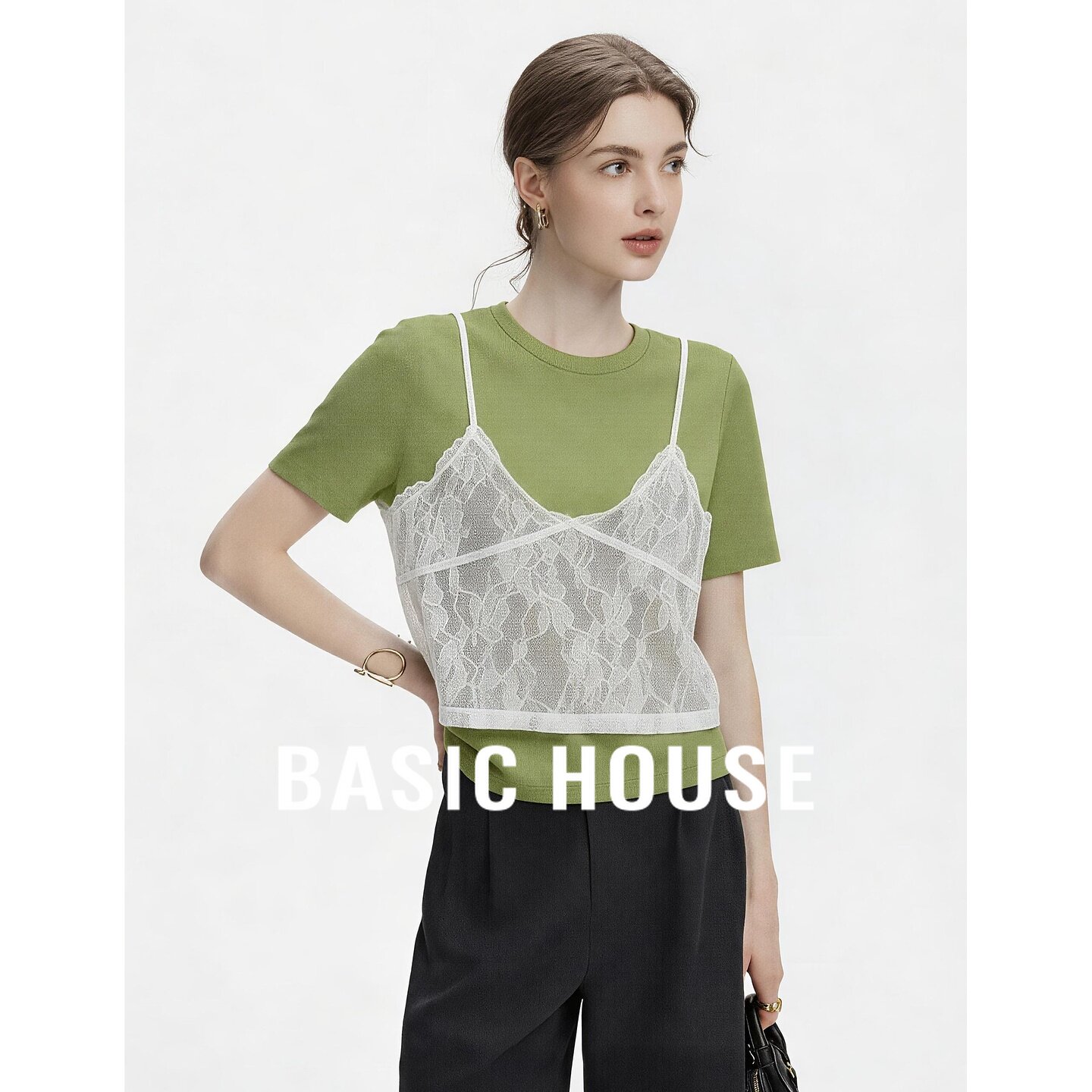 Basic House/百家好高级感蕾丝拼接假两件针织衫女绿色吊带上衣