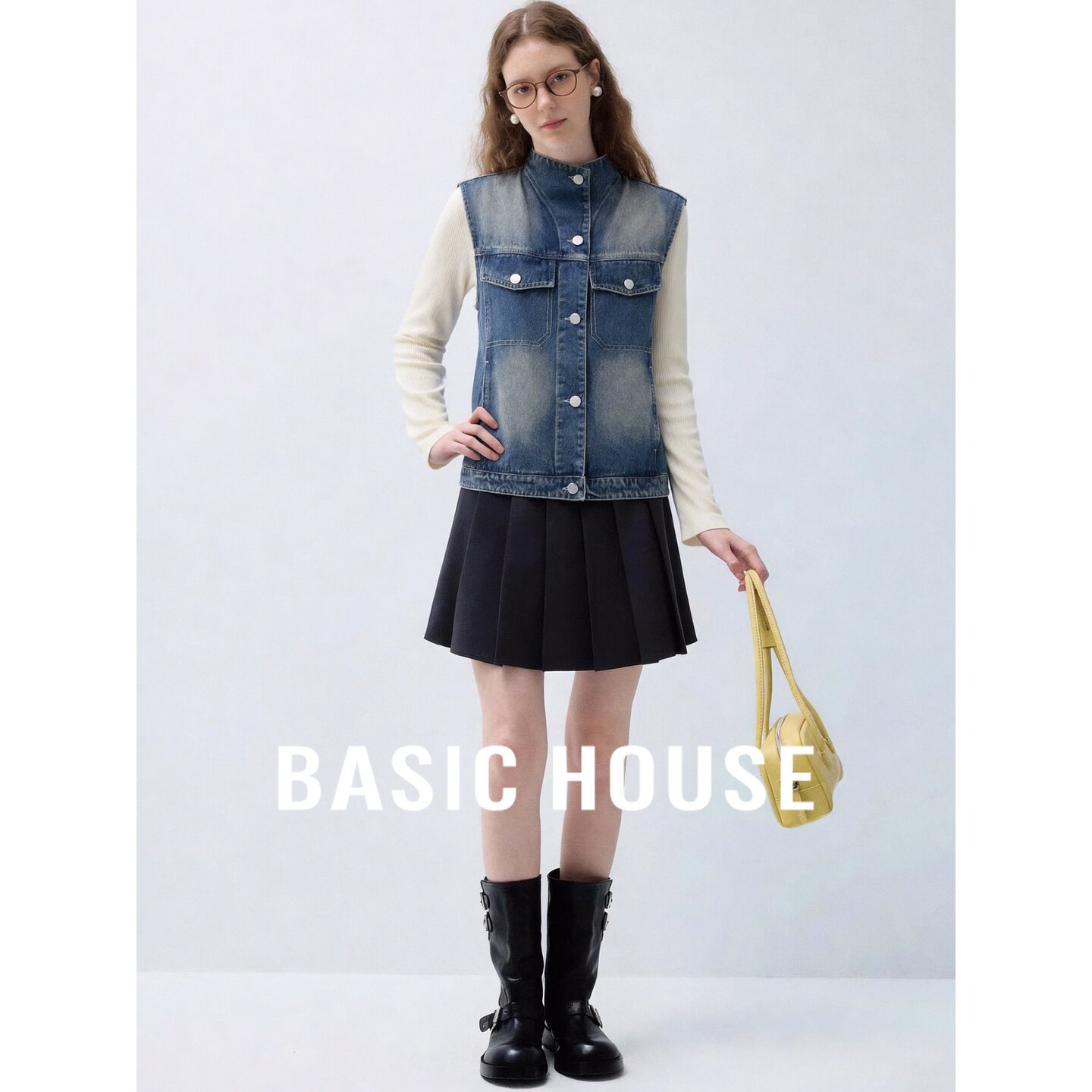 Basic House/百家好立领牛仔马甲女秋季新款无袖百搭休闲叠穿上衣
