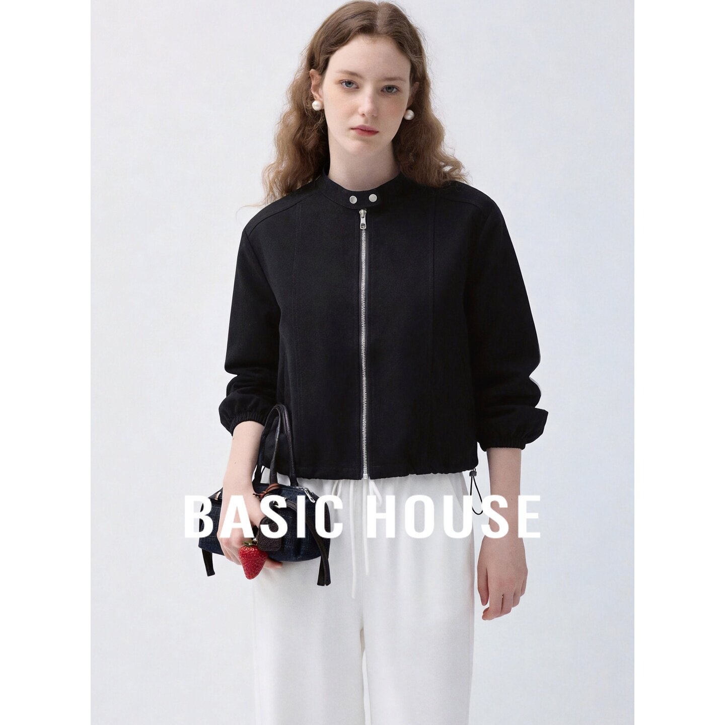 Basic House/百家好极简风立领拉链短外套女黑色休闲夹克百搭上衣