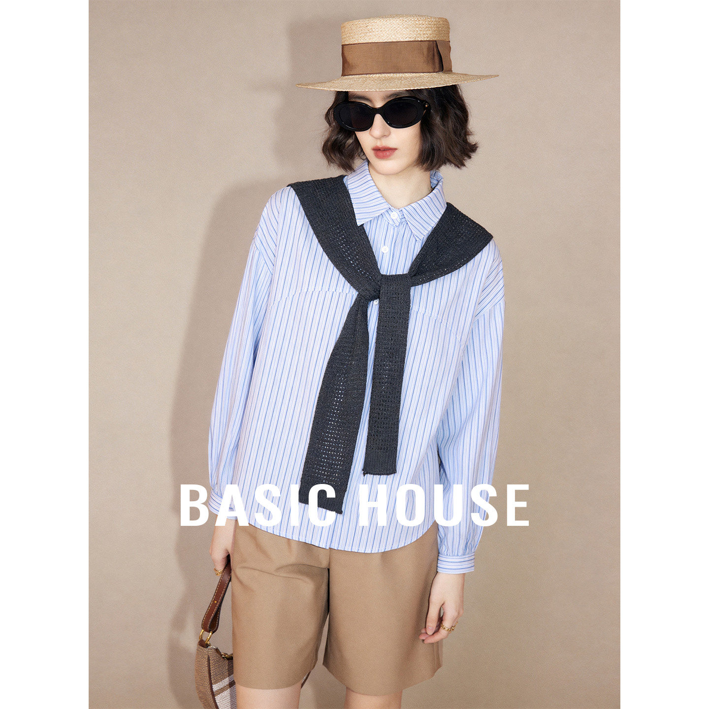Basic House/百家好蓝色小众设计感长袖衬衫女秋带披肩超好看上衣