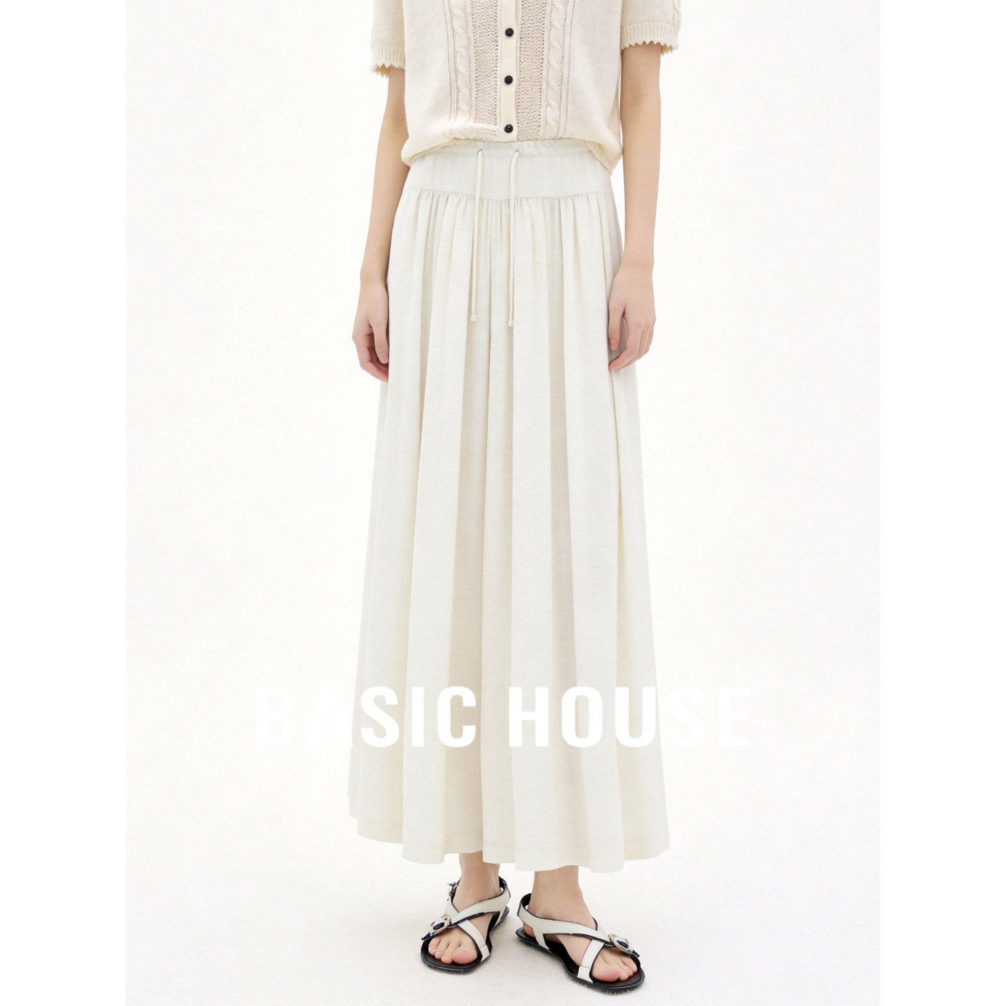 Basic House/百家好亚麻高腰阔腿裙裤女夏季米白色垂坠显瘦休闲裤
