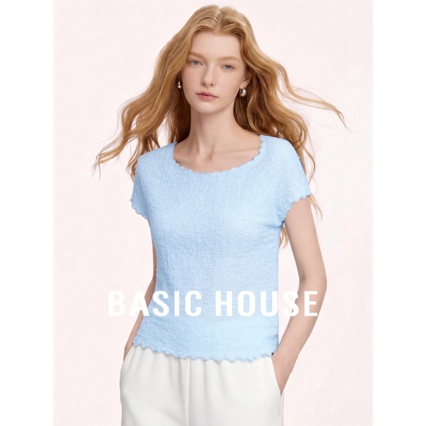 Basic House/百家好韩系蓝色肌理感短袖女夏季圆领木耳边修身上衣