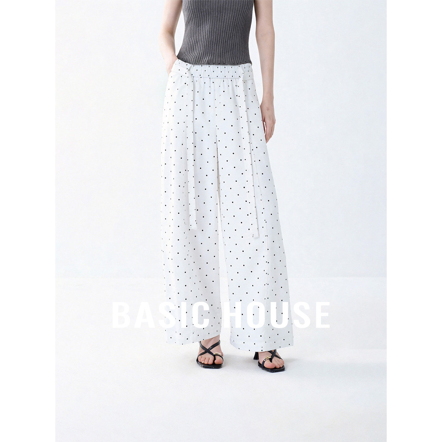 Basic House/百家好韩版松紧腰波点设计感直筒裤女夏棉舒适休闲裤