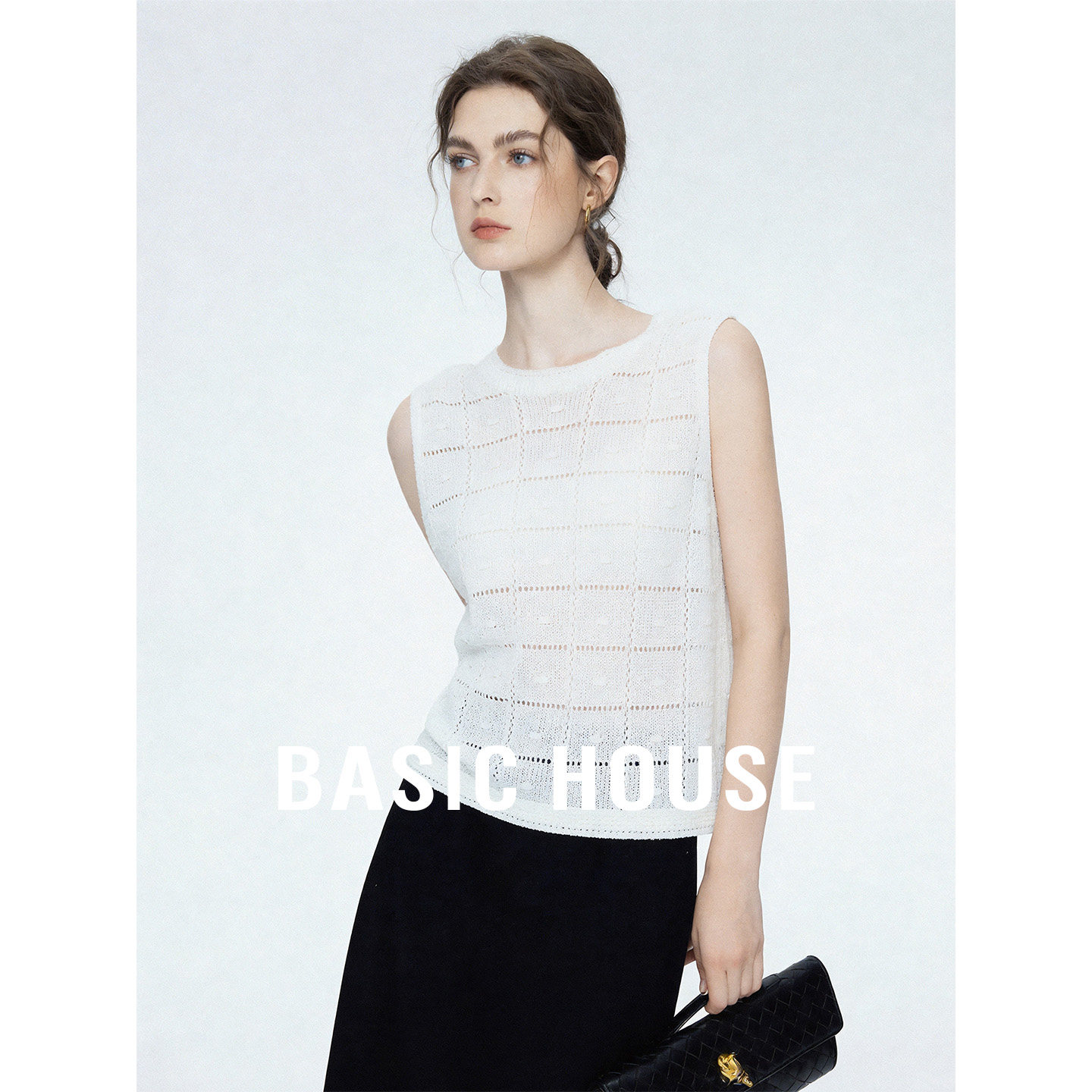 Basic House/百家好白色圆领镂空透气无袖针织衫女夏季清凉上衣