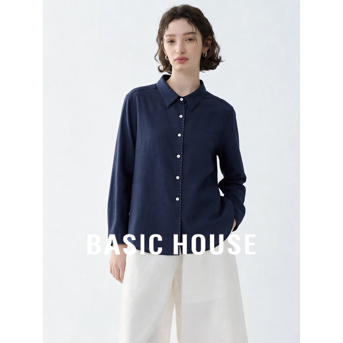 Basic House/百家好亚麻莱赛尔长袖衬衫女通勤简约韩版深蓝色夏秋