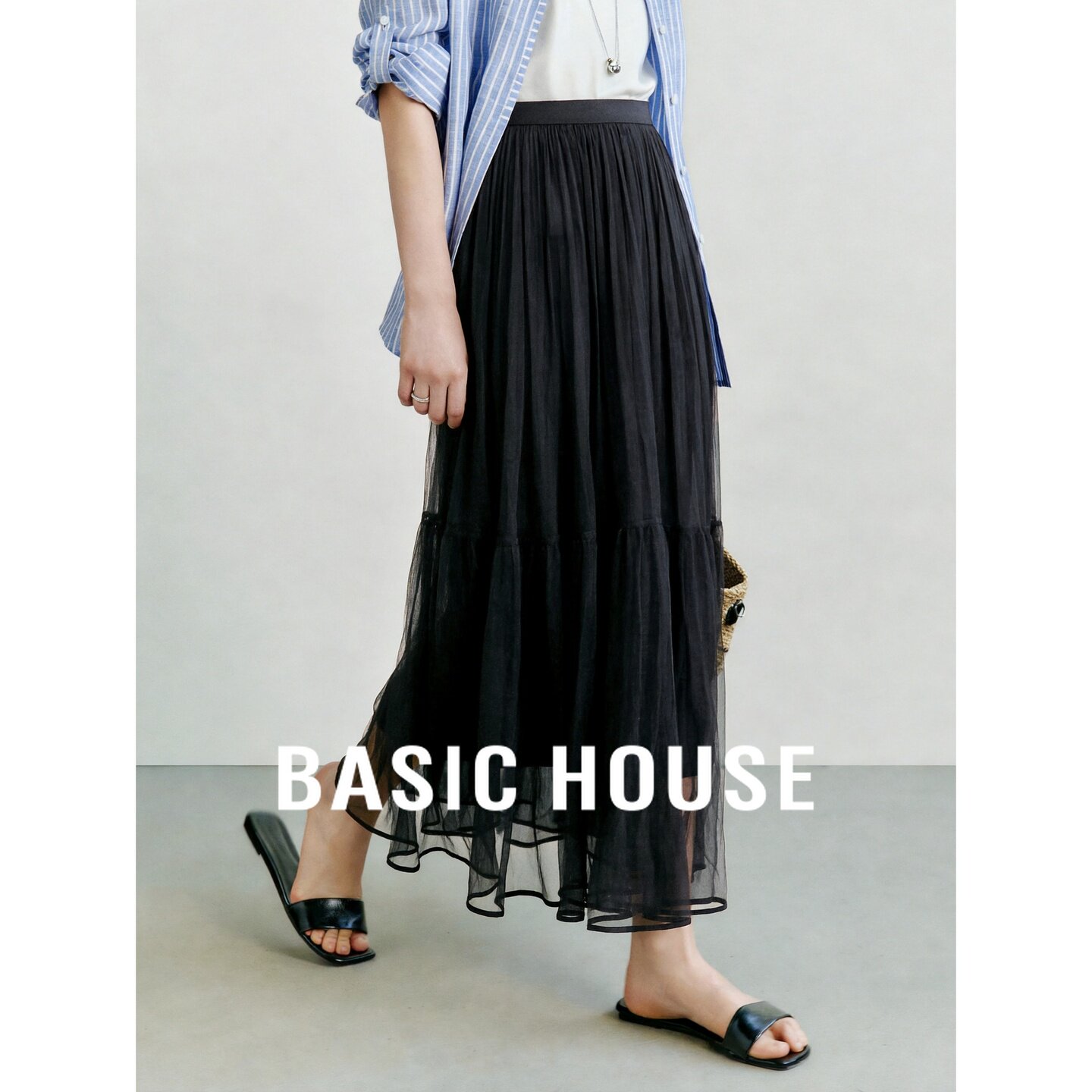 Basic House/百家好黑色显瘦网纱压褶半身裙女夏季松紧腰A字长裙