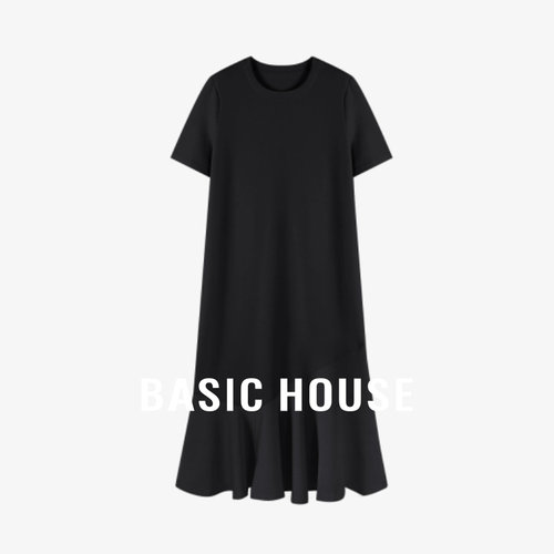 Basic House/百家好舒适松弛鱼尾拼接长款连衣裙黑色圆领短袖裙子