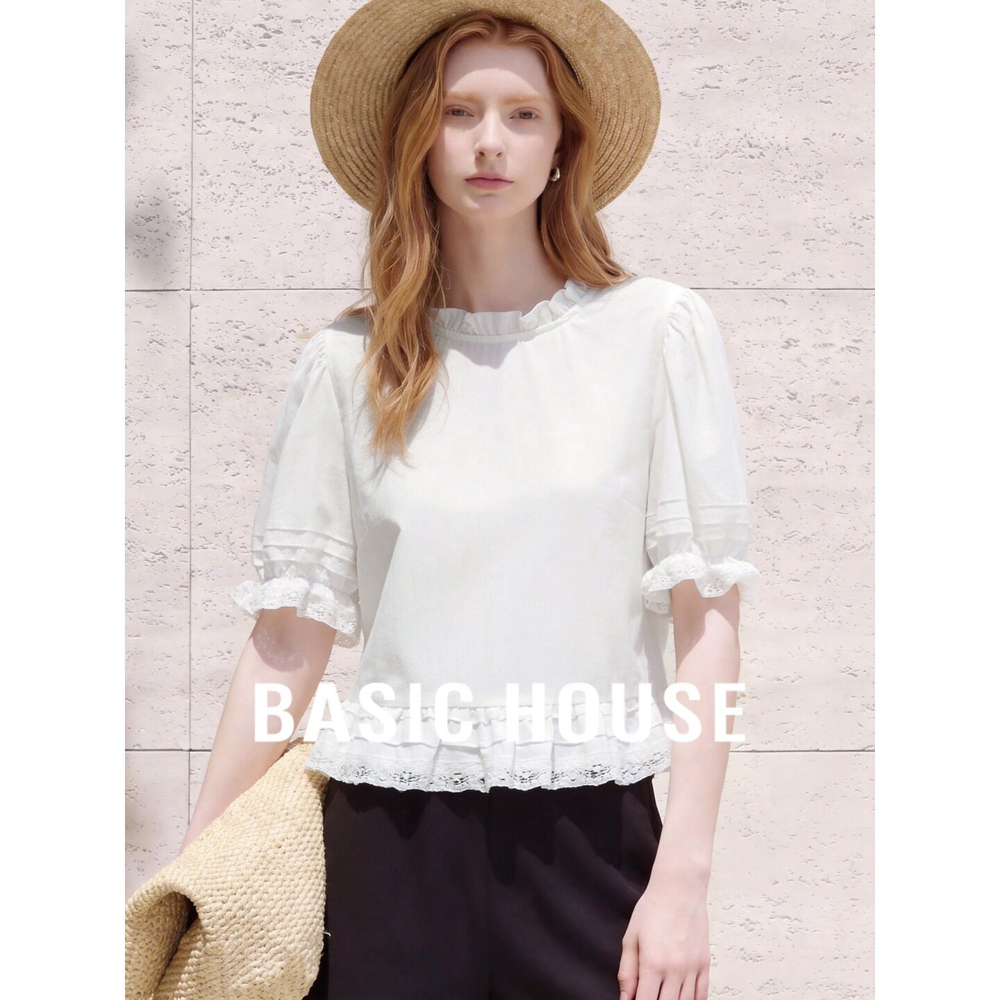 Basic House/百家好白色简约泡泡袖衬衫女2026夏季木耳边甜美上衣