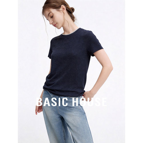 Basic House/百家好藏青色圆领莱赛尔透气T恤女夏季新款舒适上衣