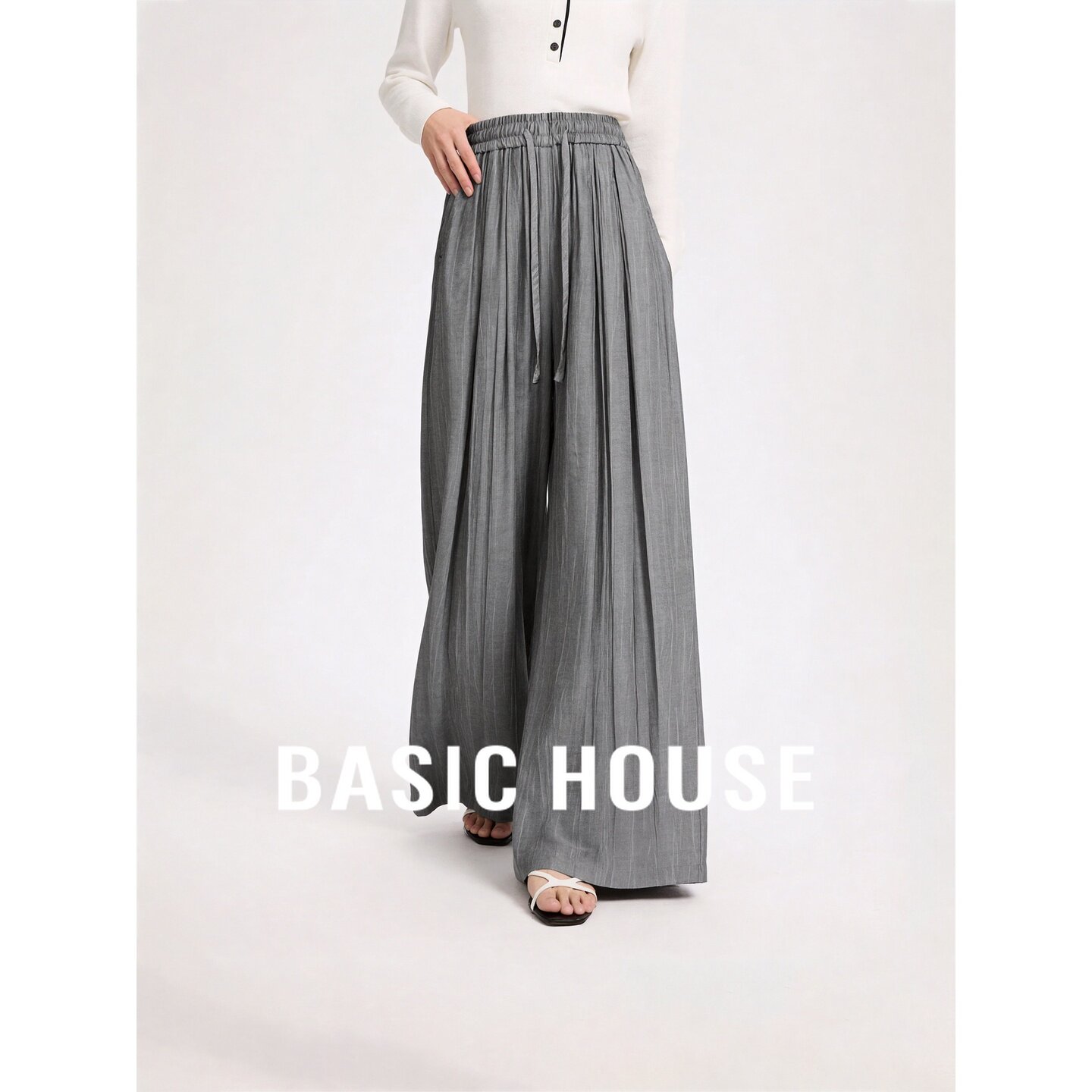 Basic House/百家好亚麻高腰阔腿垂顺通勤职场百搭阔腿裤女灰色