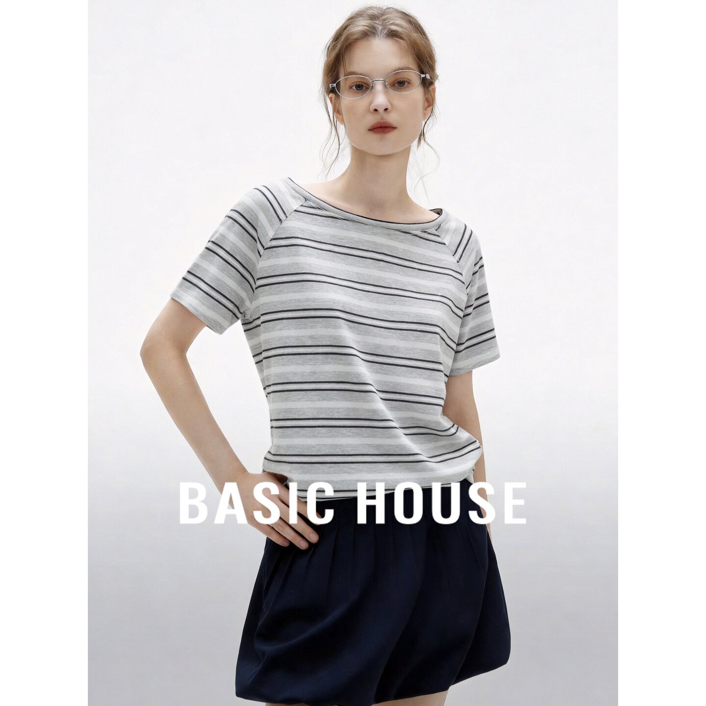 Basic House/百家好莱赛尔条纹露肩短袖T恤女松弛韩系百搭上衣