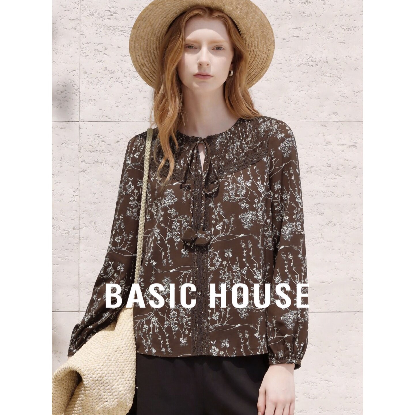 Basic House/百家好碎花衬衫女秋长袖系带泡泡袖宽松法式上衣复古