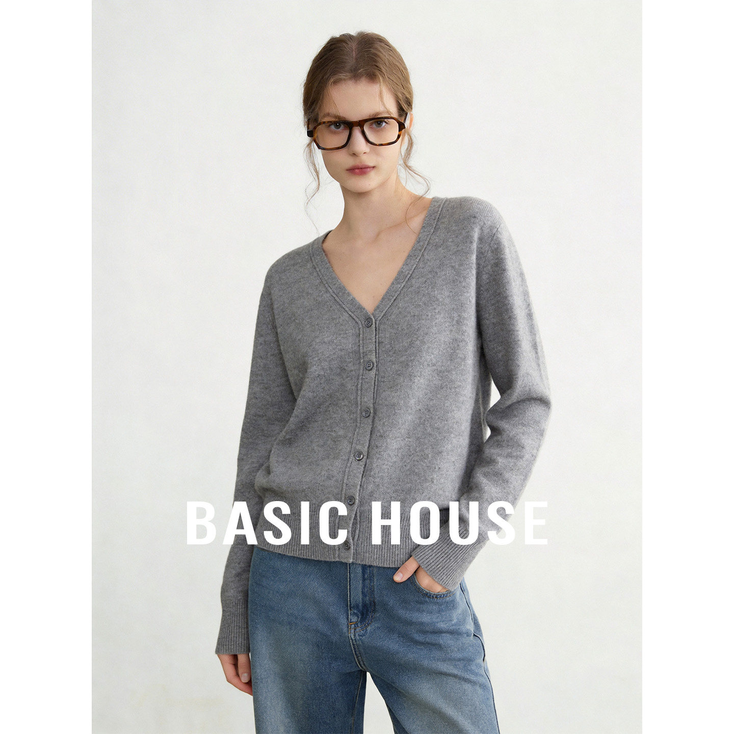 Basic House/百家好灰色宽松显瘦针织开衫女夏季舒适百搭外搭毛衫