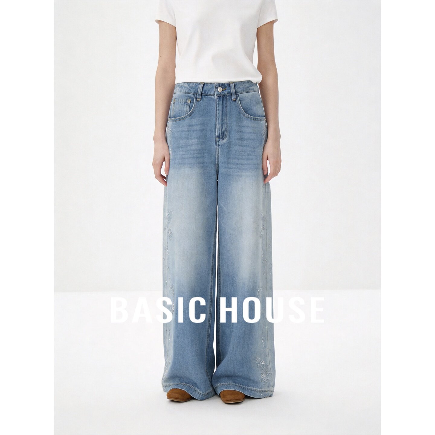 Basic House/百家好高腰蝴蝶阔腿牛仔裤女蓝宽松复古显瘦百搭长裤