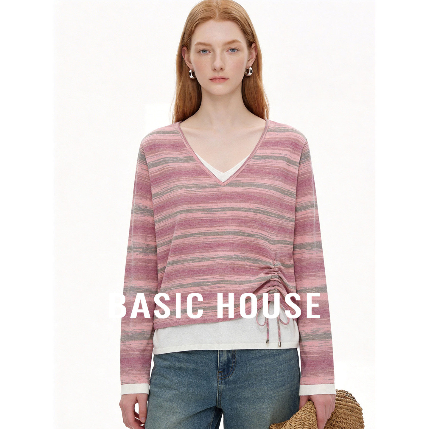Basic House/百家好撞色条纹假两件V领针织衫春季女宽松抽褶上衣