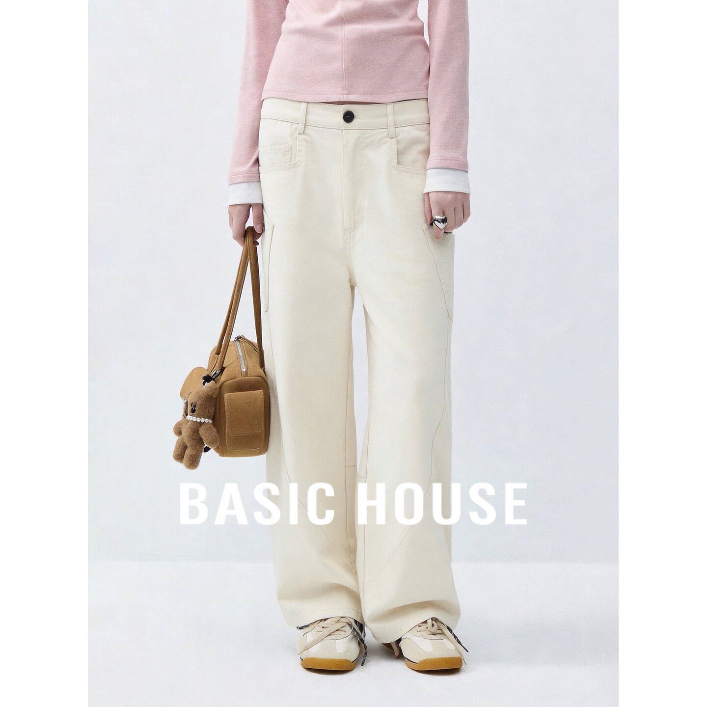 Basic House/百家好极简米色高腰阔腿裤女秋季米色垂感通勤休闲裤