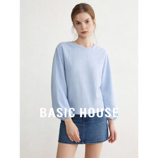 女春款 百家好纯色圆领竖坑条衬衫 宽松休闲内搭上衣 House Basic