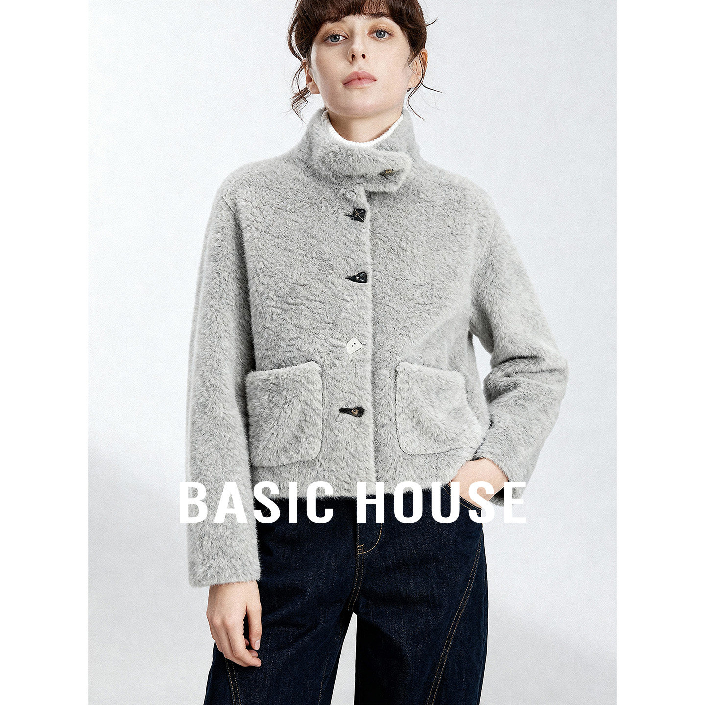 Basic House/百家好秋冬新款立领单排扣毛毛外套女加厚保暖短上衣