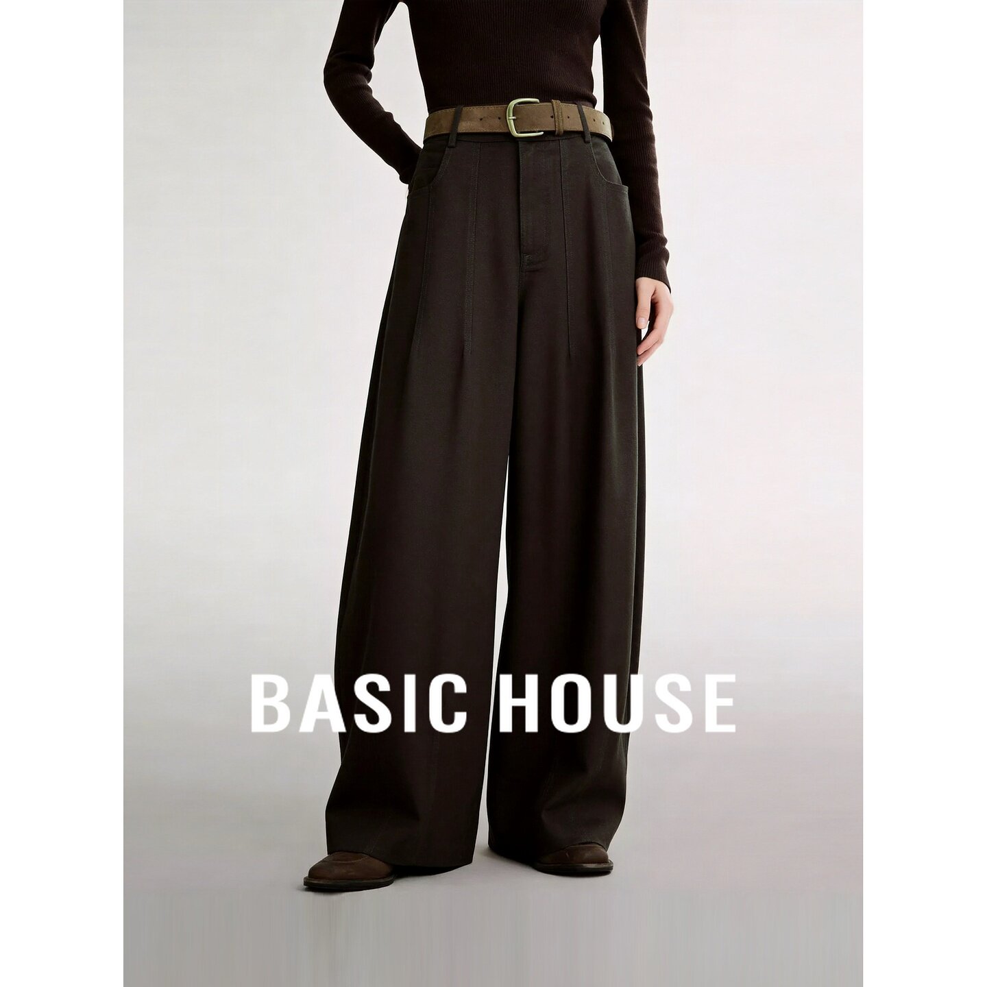 Basic House/百家好设计感腰带装饰阔腿裤女秋垂坠感时尚百搭长裤