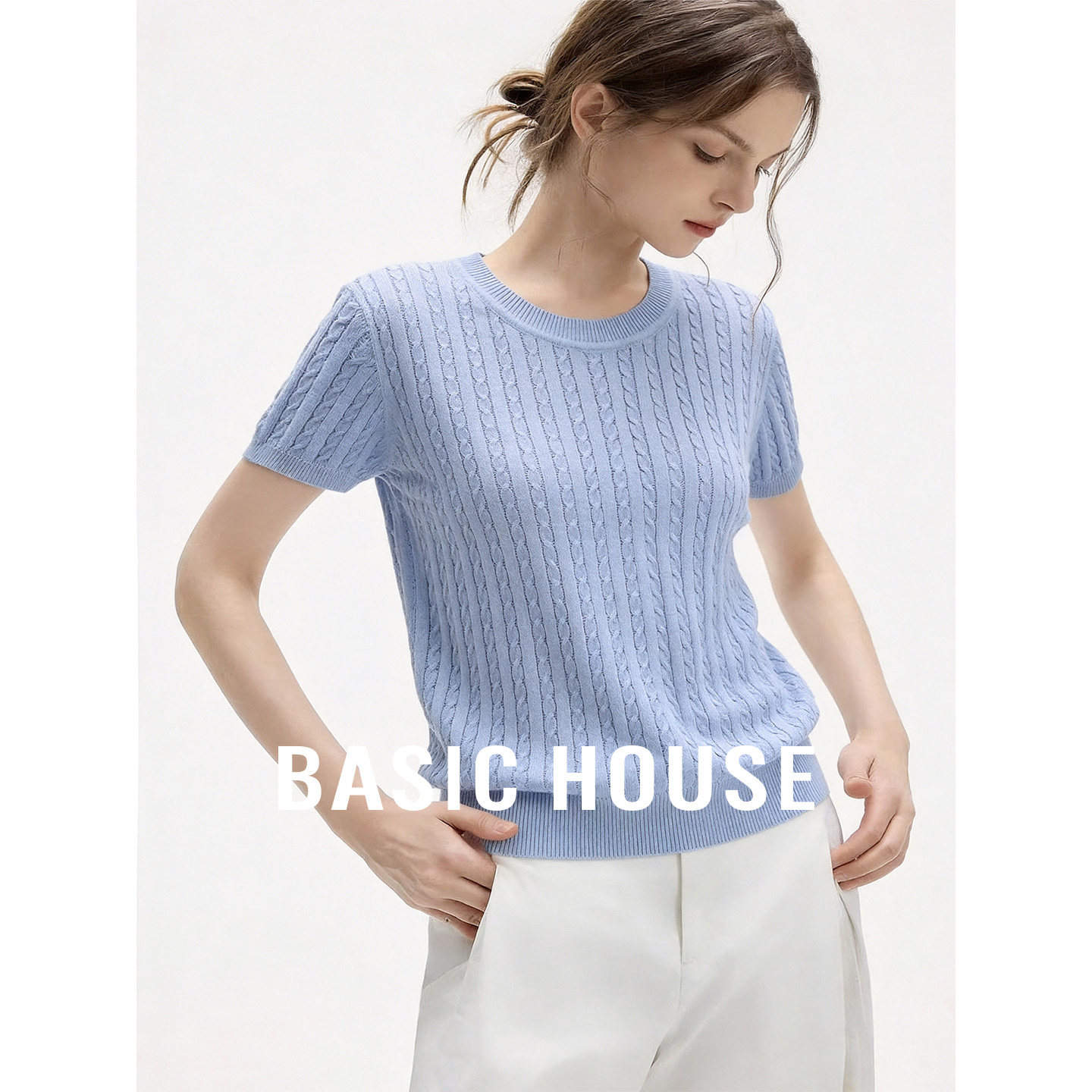Basic House/百家好蓝色圆领绞花短袖针织衫女夏季新款透气上衣