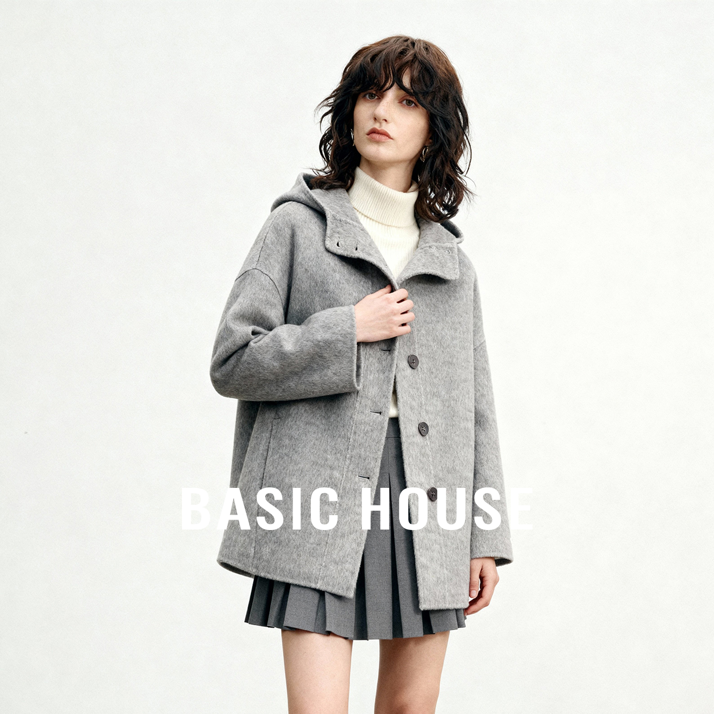 Basic House/百家好连帽短款双面呢大衣秋冬新款百搭宽松毛呢外套