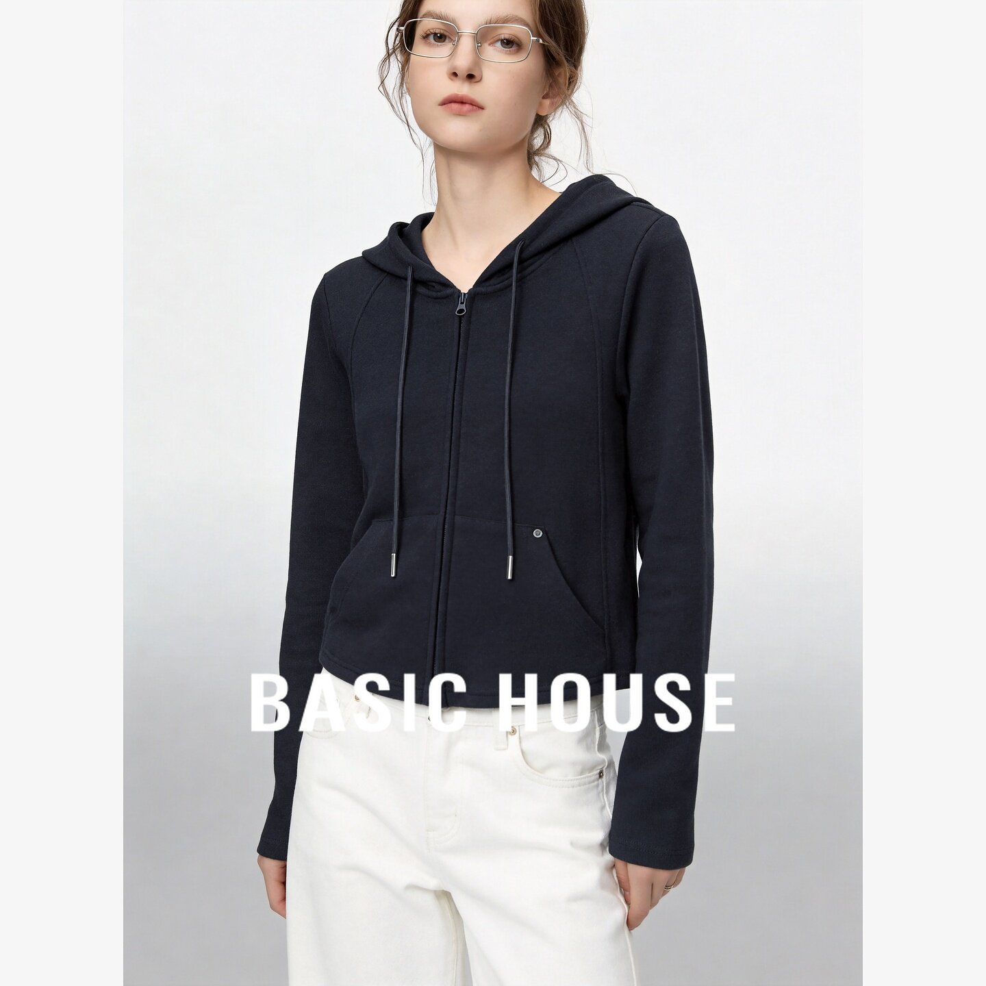Basic House/百家好连帽拉链针织开衫女百搭修身显瘦短款毛衣外套