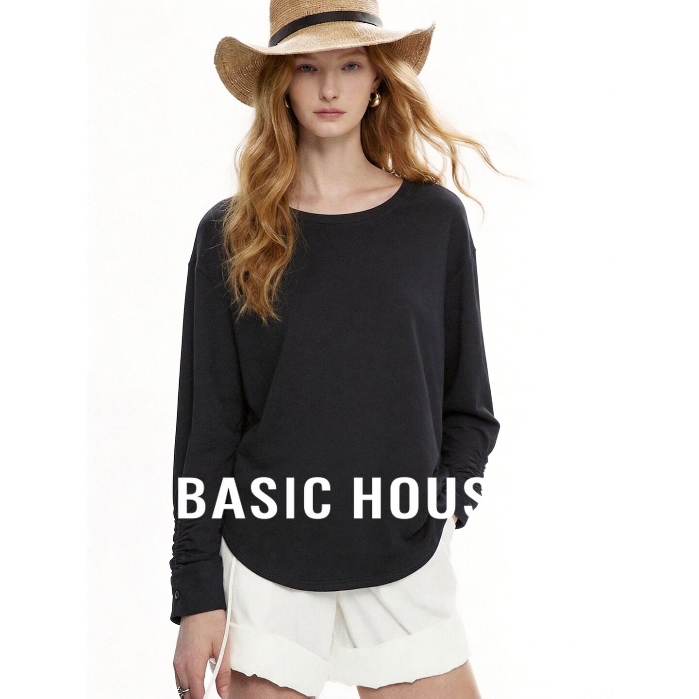 Basic House/百家好黑色圆领长袖宽松T恤女秋秋极简通勤日常新款