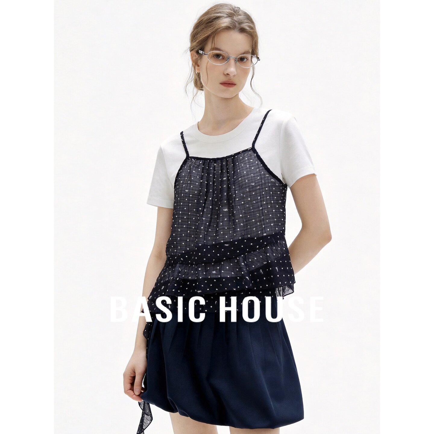 Basic House/百家好波点假两件吊带背心女夏叠穿气质短袖t恤上衣