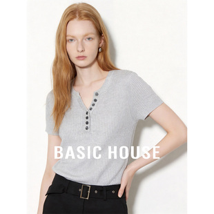 Basic House/百家好莱赛尔短袖上衣女春夏新款亚麻V领短款针织衫