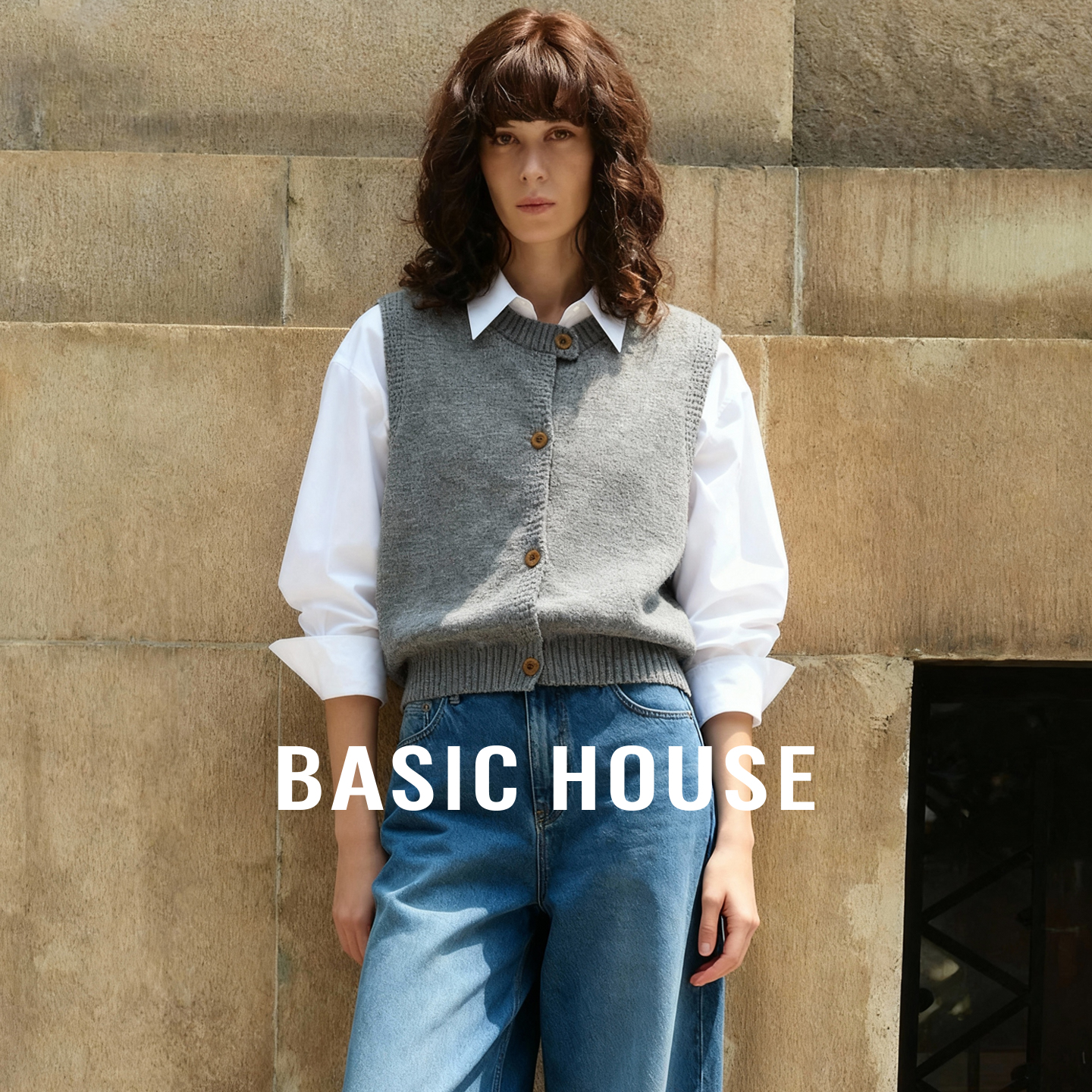Basic House/百家好宽松舒适纯色无袖针织衫百搭圆领叠穿马甲开衫