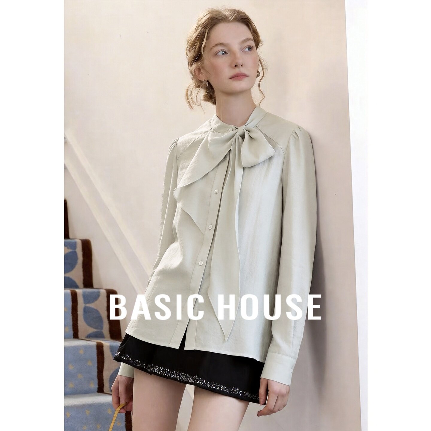 Basic House/百家好杏色系带领蝴蝶结设计感宽松百搭优雅长袖衬衫