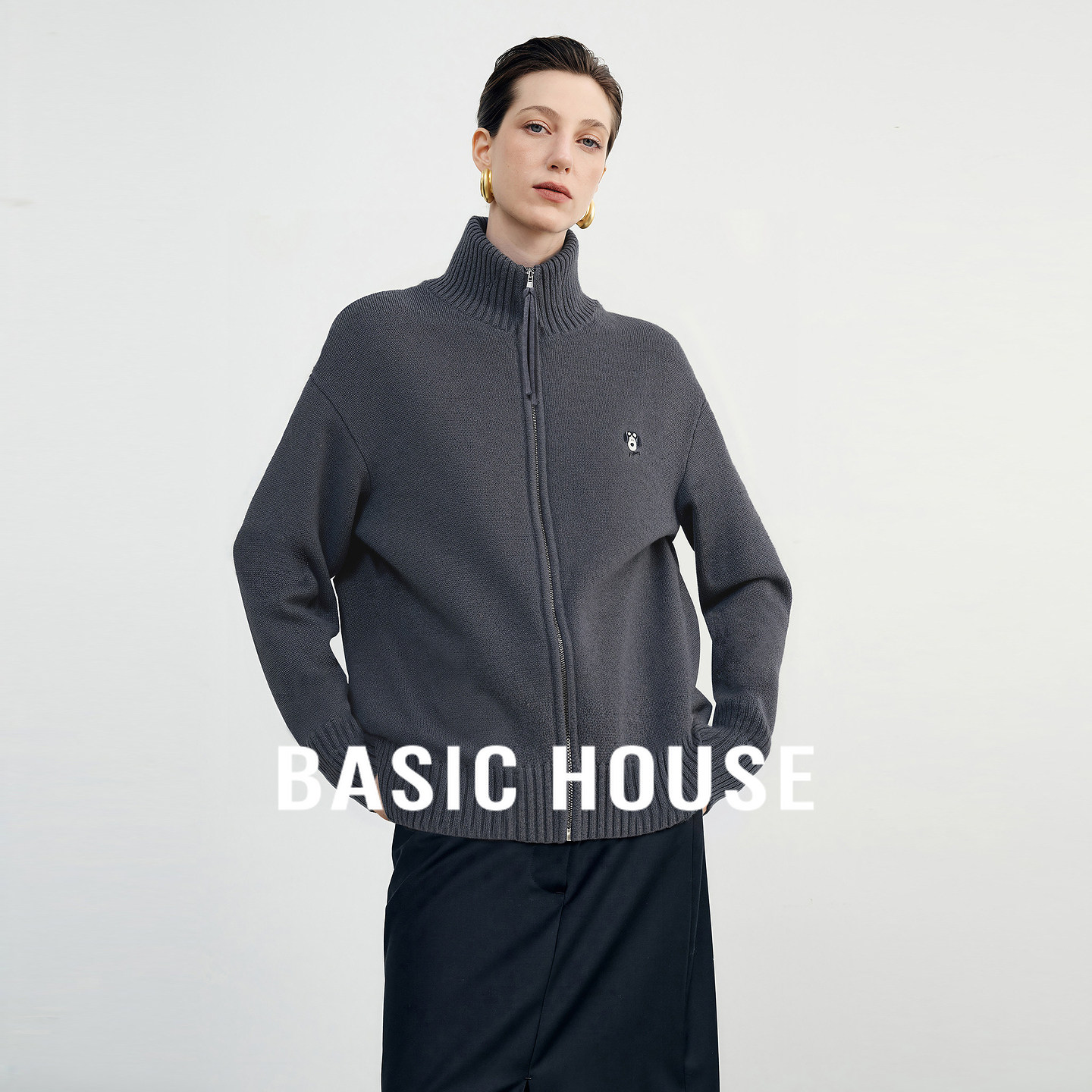 Basic House/百家好时尚高级双头拉链加厚毛衣小狗刺绣翻领上衣女