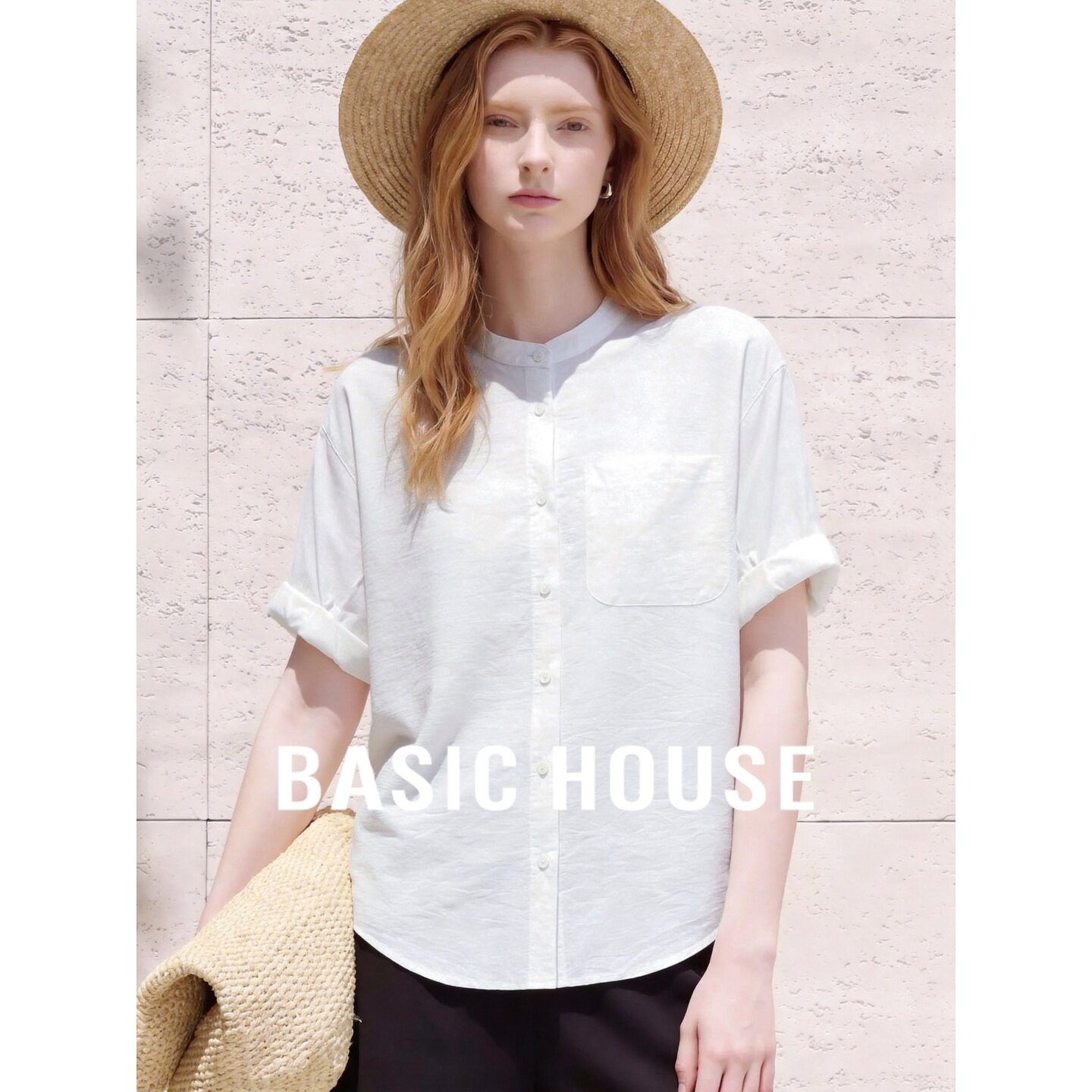 Basic House/百家好松弛文艺风立领白衬衫女夏季舒适透气短袖上衣