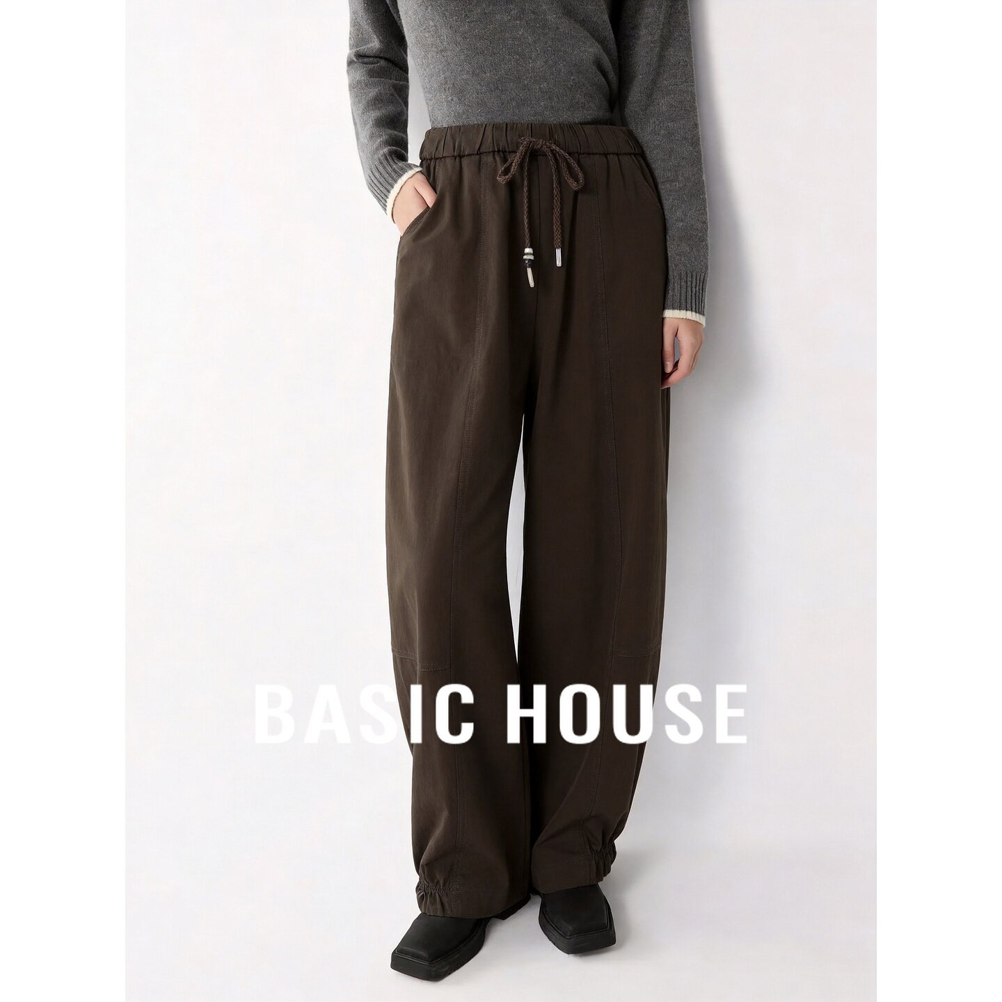 Basic House/百家好2026秋季棉质咖色抽绳中高腰宽松休闲灯笼裤女