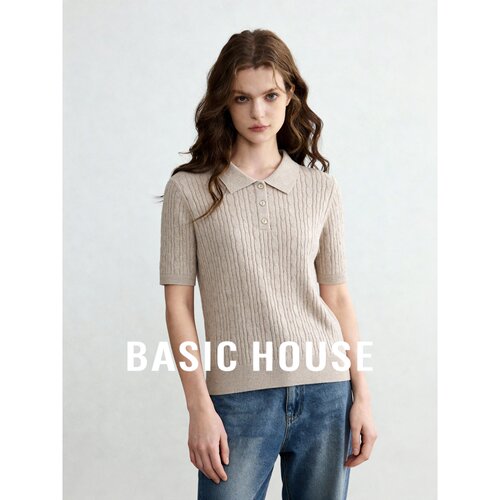 Basic House/百家好羊毛针织Polo衫女夏新款短袖修身翻领通勤极简