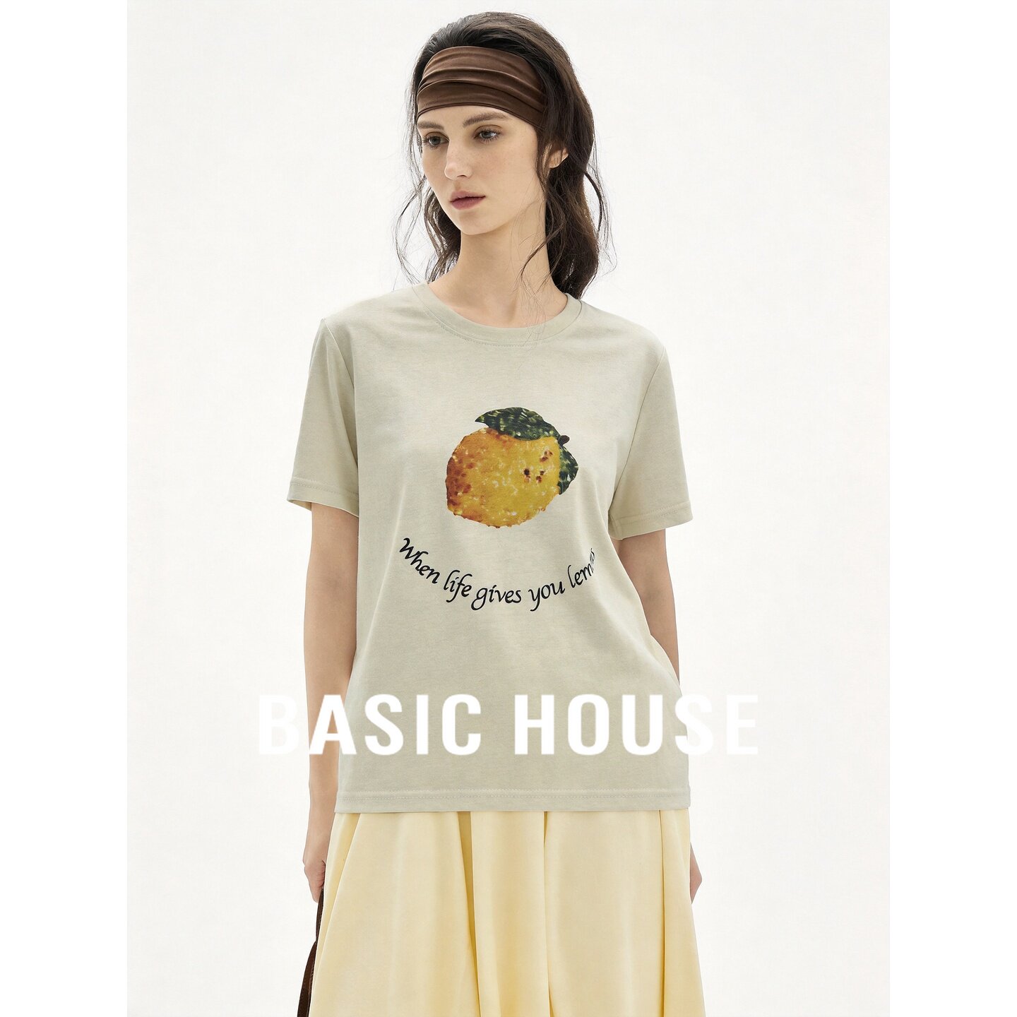 Basic House/百家好夏日柠檬印花短袖T恤女夏莱赛尔圆领休闲上衣