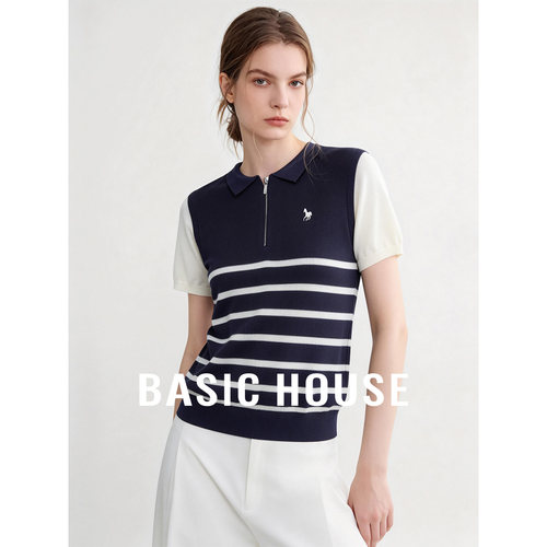 Basic House/百家好藏青半拉链莱赛尔透气针织衫女26夏季修身上衣