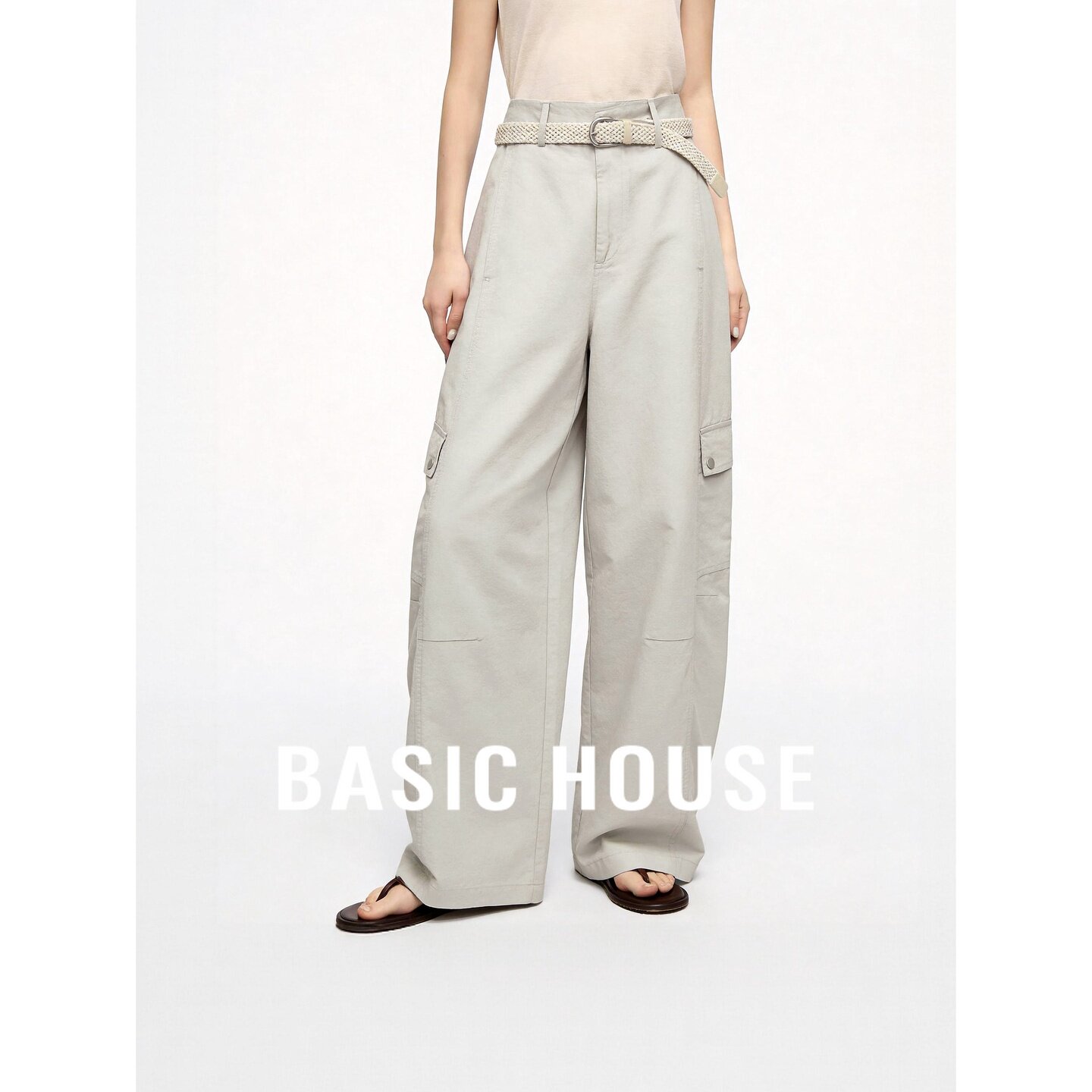 Basic House/百家好工装风编织腰带宽松阔腿裤女日常百搭显瘦长裤