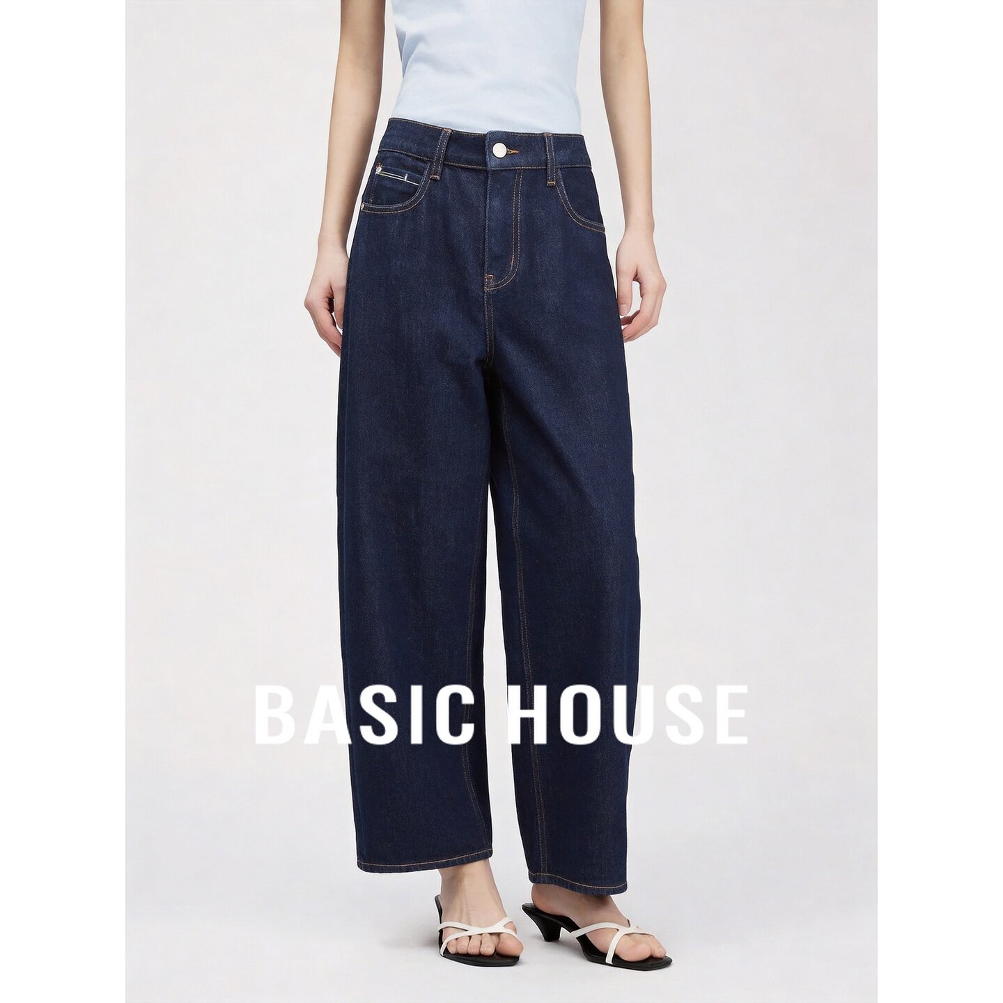 Basic House/百家好藏青色莱赛尔高腰牛仔裤撞色缝线阔腿长裤女秋