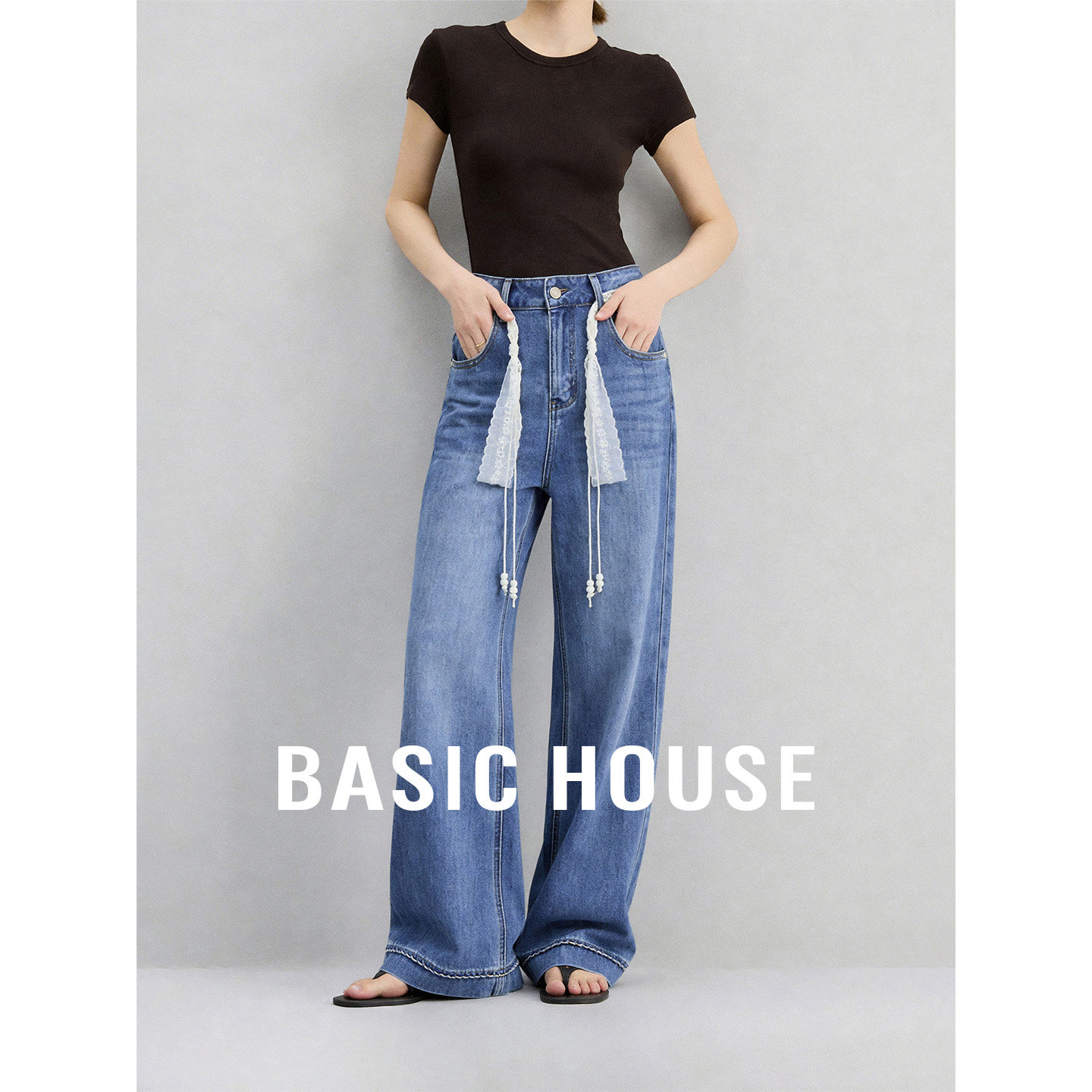 Basic House/百家好蕾丝系带阔腿牛仔裤2026新款垂坠感显瘦直筒裤