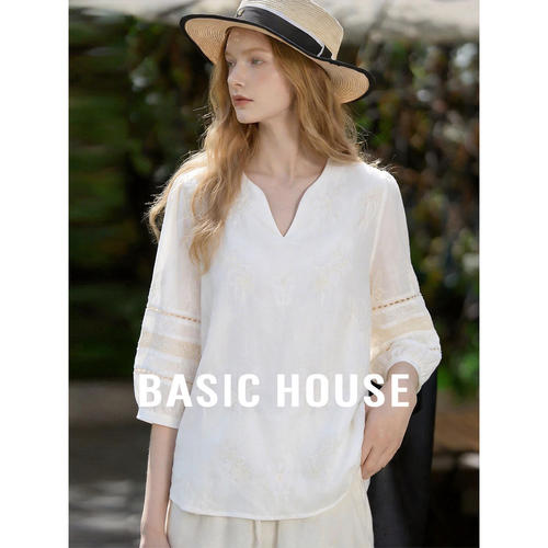 Basic House/百家好莱赛尔镂空拼接灯笼袖衬衫女夏季新款刺绣上衣