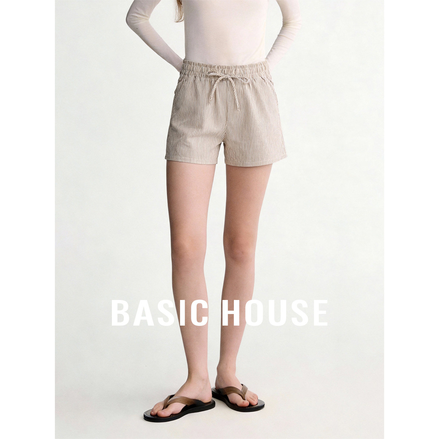 Basic House/百家好咖白条纹休闲裤女夏季抽绳松紧腰百搭直筒短裤