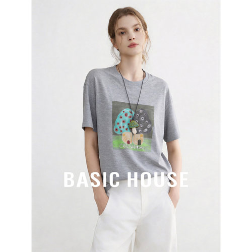 Basic House/百家好圆领卡通印花宽松T恤女夏季减龄短袖套头上衣