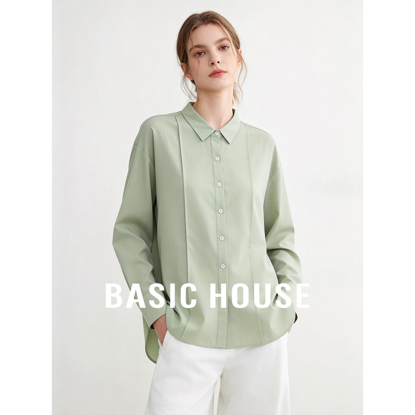 Basic House/百家好绿色翻领宽松显瘦长袖衬衫女秋新款超好看衬衣