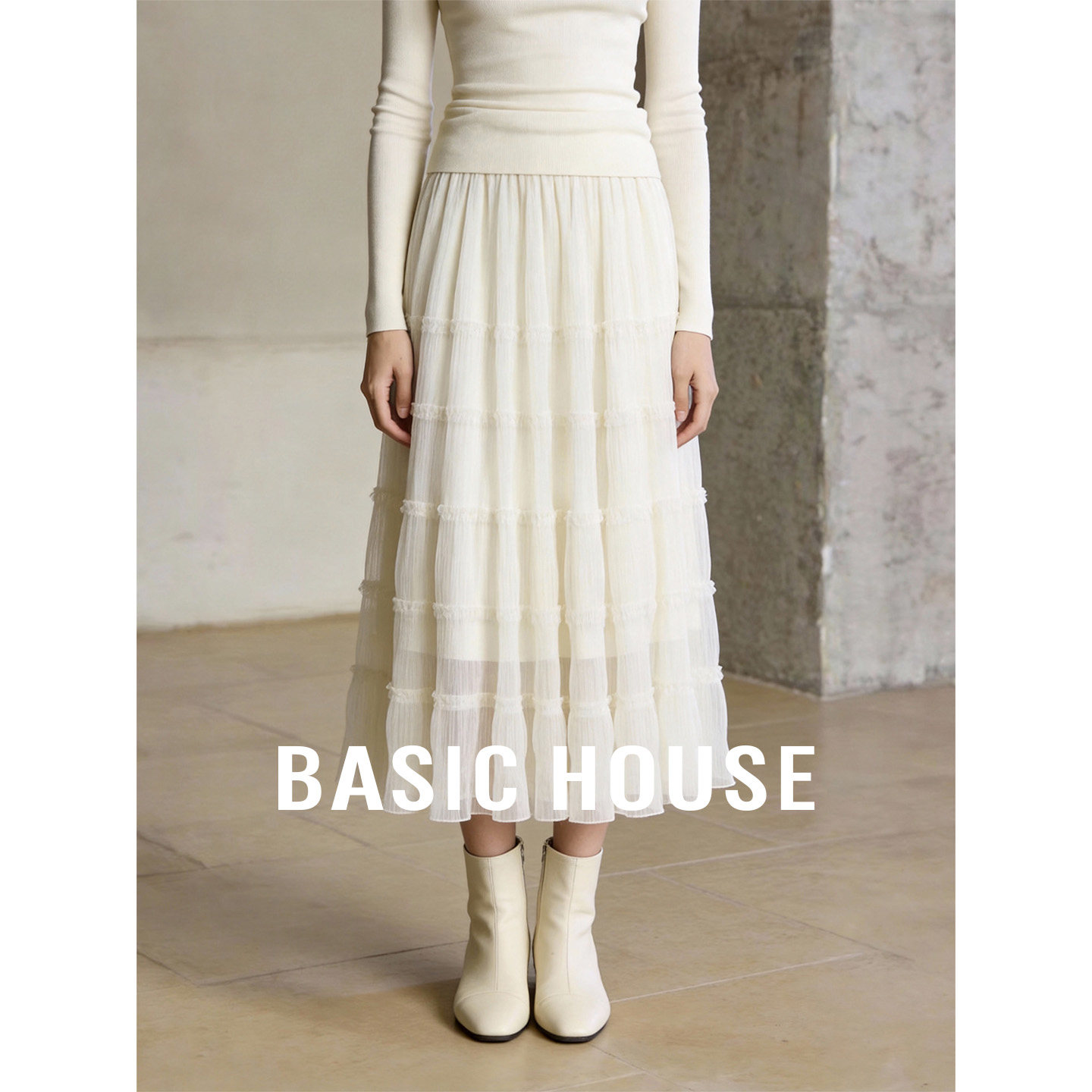 Basic House/百家好杏色法式温柔中长款纱裙女秋季气质半身A字裙