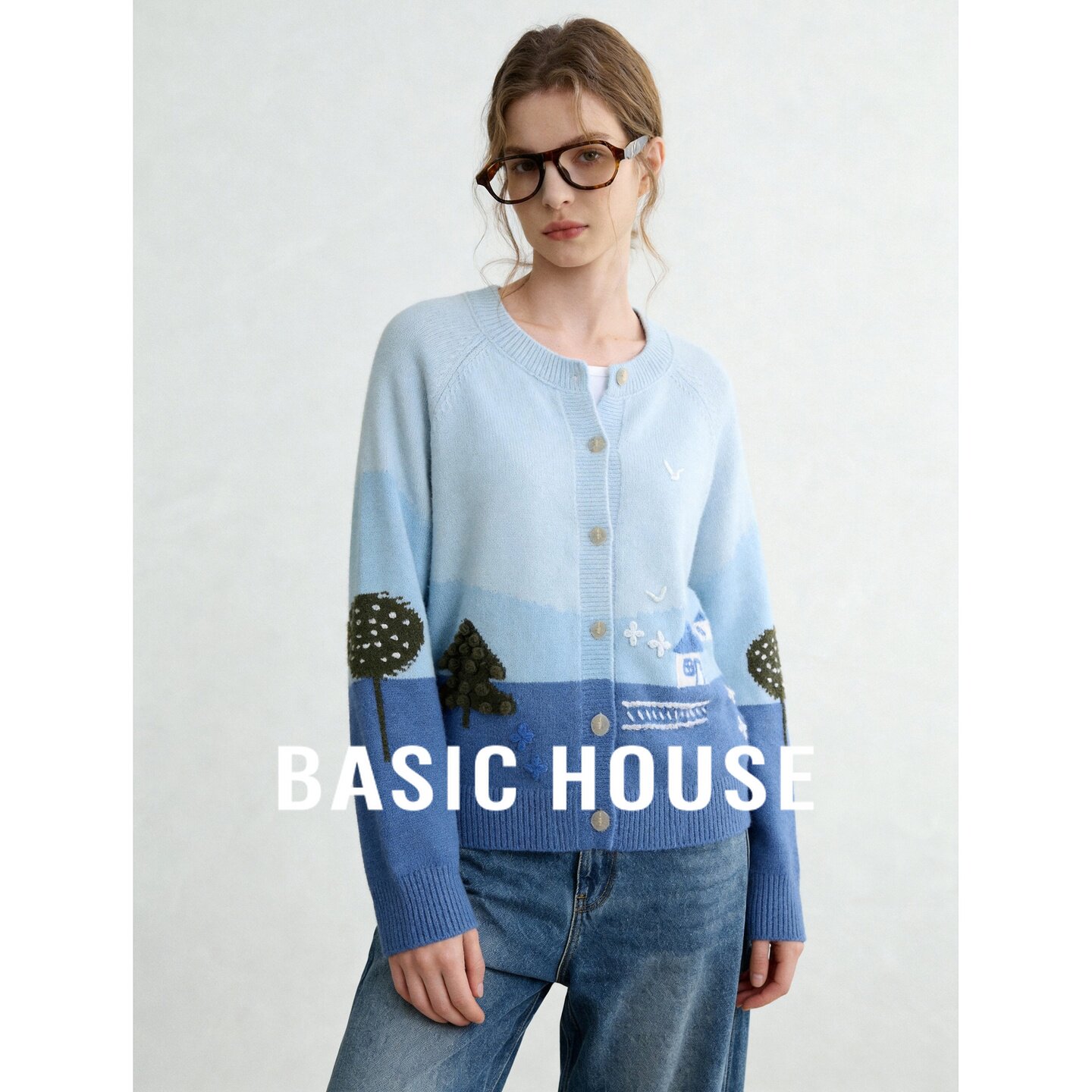Basic House/百家好蓝色印花圆领针织开衫女宽松手绘毛衣百搭上衣